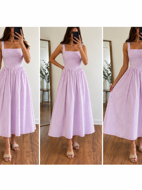 PrettyGarden Dresses & Skirts - Striped Lilac Square-Neck Midi Dress